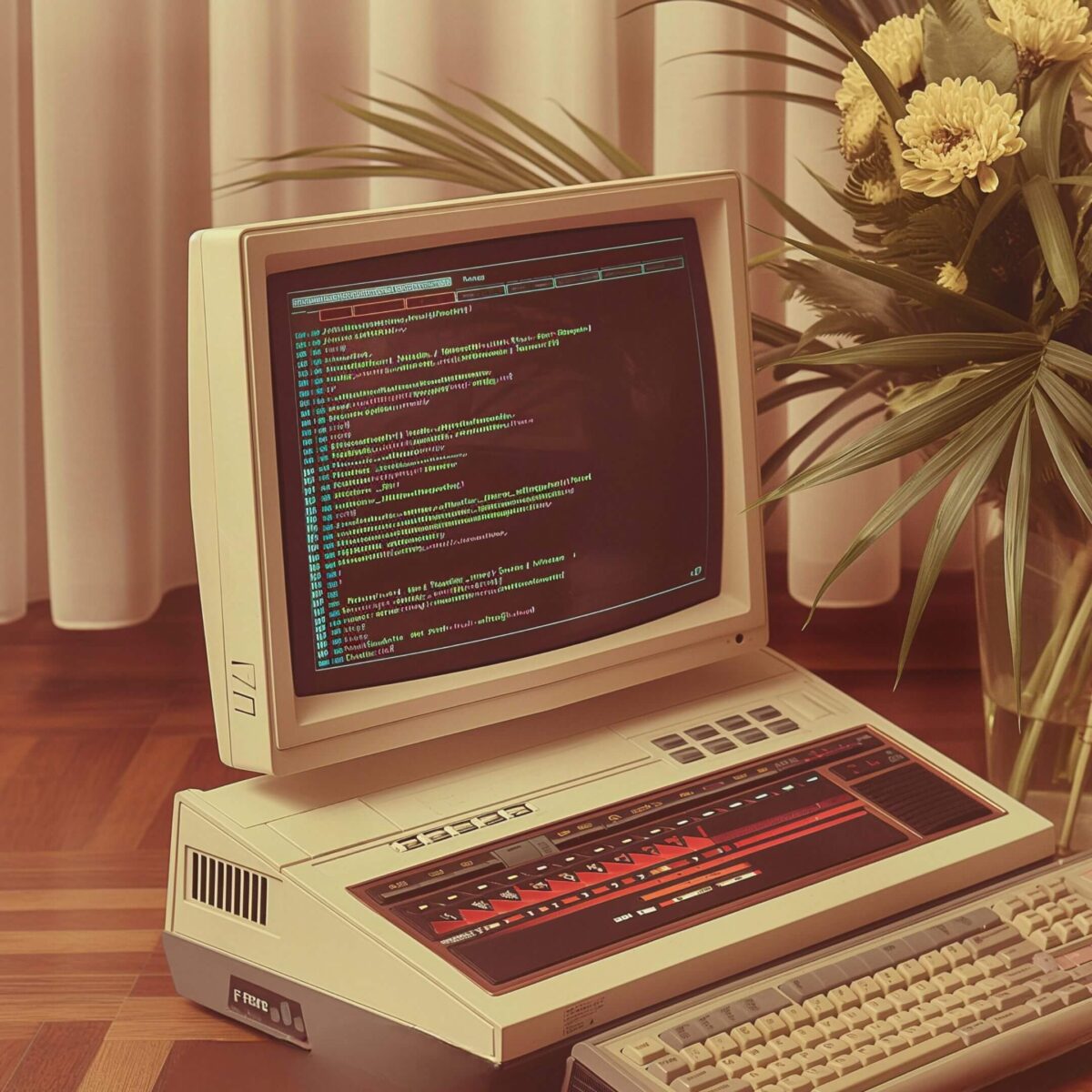 old style computer on a table running web development code